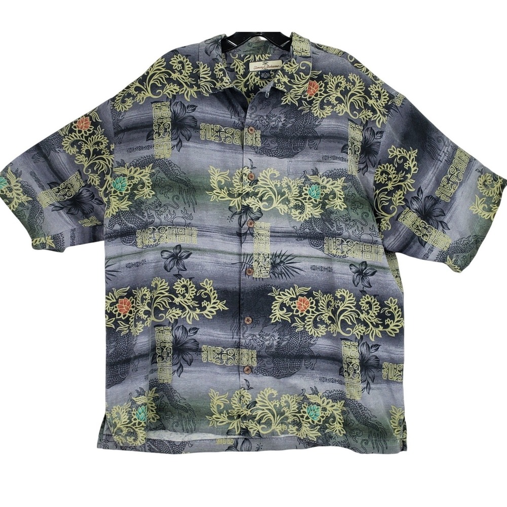 Tommy Bahama Dragon Silk Button Up Shirt Mens Large Grey‎ Green Tropical Aloha